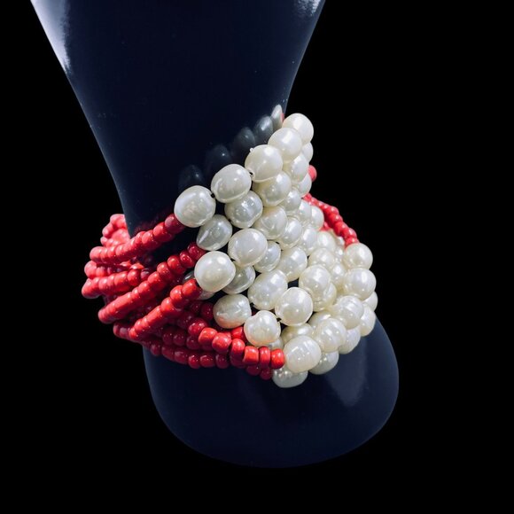 Chunky Pearl Beaded Bracelet Red White Statement Stretch Boho Layered Y2K - Picture 8 of 10